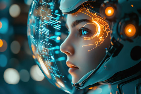 A character featuring advanced technology and a luminous helmet reflects a digital landscape.の写真素材