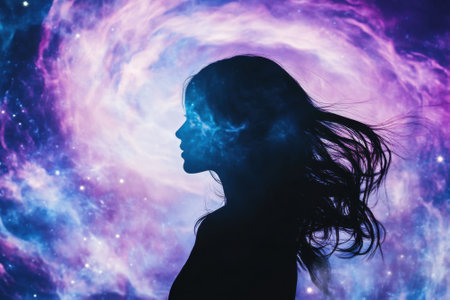 A woman stands in profile, her hair swirling in a cosmic setting filled with colorful galaxies.の素材