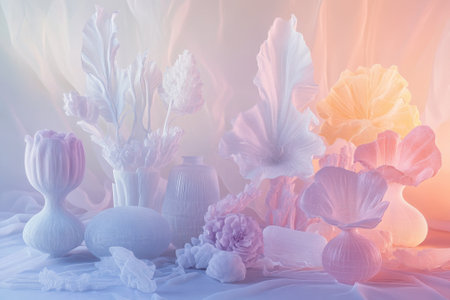 Delicate flowers in soft pastel colors create a tranquil atmosphere with various shapes and textures.の写真素材