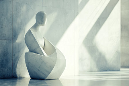 A serene white sculpture sits elegantly in a modern interior, bathed in soft sunlight through large windows.の写真素材