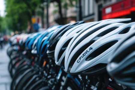 A variety of cycling helmets in different colors line the street, showing safety gear for cyclists.の写真素材