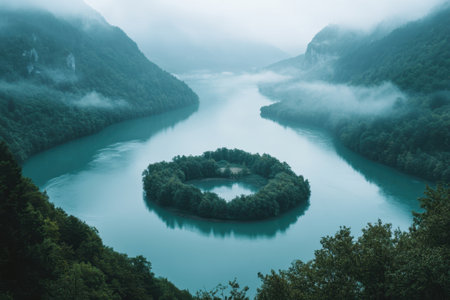 A serene landscape shows a circular island in tranquil waters, surrounded by lush greenery and misty hills.の素材