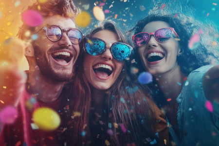 Three friends laugh and enjoy a lively celebration filled with confetti and colorful sunglasses.の写真素材