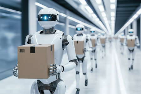 Groups of robots are seen efficiently moving boxes through a spacious, futuristic warehouse setting.の写真素材