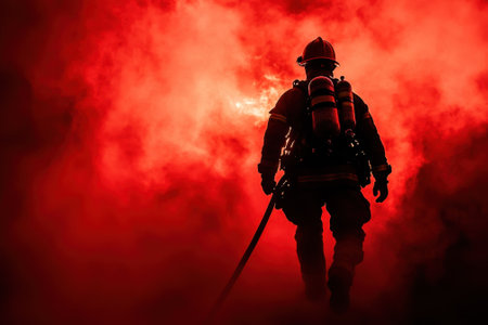 A firefighter in full gear stands silhouetted against swirling red smoke during a training exercise at sunset.の写真素材