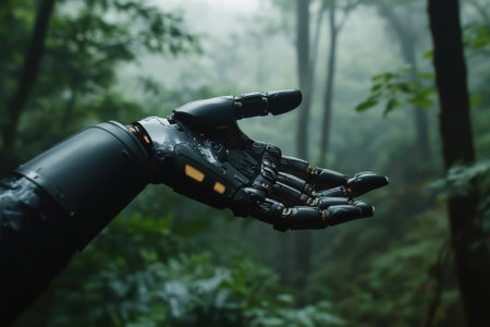 A robotic hand extends into the foggy forest, surrounded by lush greenery in early morning light.の写真素材
