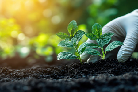 A gardener carefully plants mint seedlings in dark soil, surrounded by bright greenery in warm sunlight.の写真素材