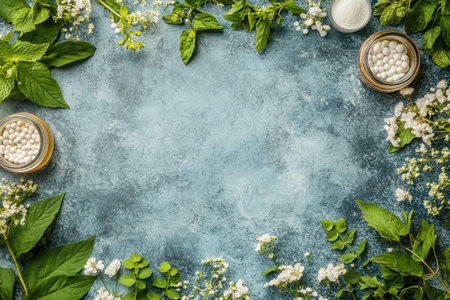 An arrangement of fresh herbs, flowers, and jars of ingredients creates a vibrant, natural setting.の写真素材