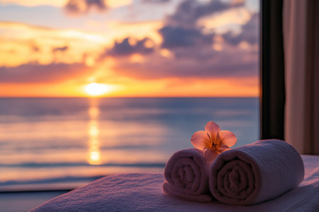 Soft towels and a delicate flower are placed elegantly, overlooking a stunning sunset over the ocean.の写真素材