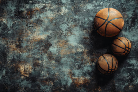 Basketballs of different sizes sit on a rough surface, showing varying textures and colors under low light.の写真素材