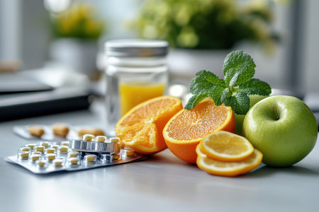 Colorful fruits, vitamins, and fresh juice arranged on a kitchen table filled with natural light.の写真素材