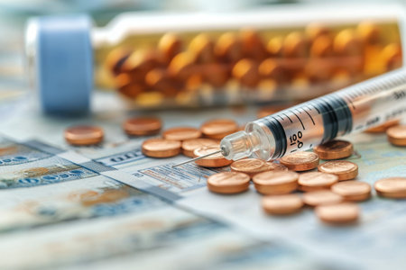 A syringe rests on a table scattered with coins and banknotes, highlighting the intersection of money and medicine.の写真素材