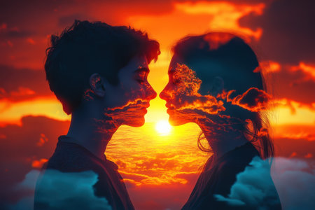 Silhouette of a couple facing each other, framed by a vibrant sunset sky filled with clouds at dusk.の写真素材