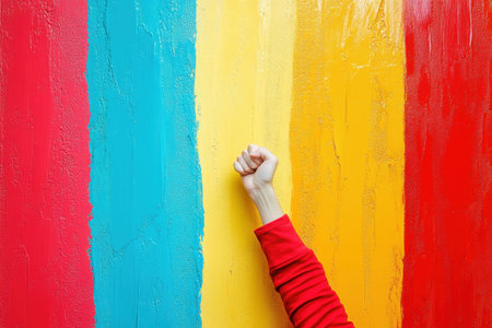 A hand with a clenched fist stands boldly against a brightly colored striped wall.の素材
