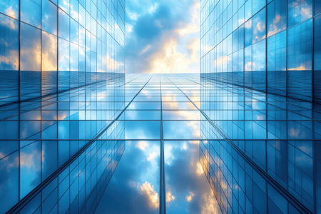 A view from the ground captures a glass building reflecting vibrant clouds at sunset.の写真素材