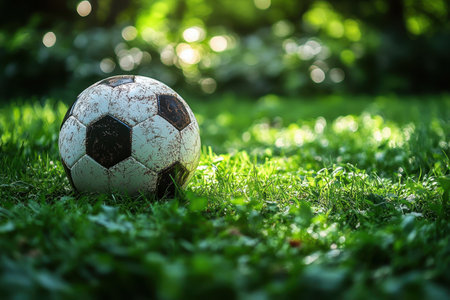 The worn soccer ball lies on vibrant green grass, illuminated by soft, natural light in the park.の写真素材