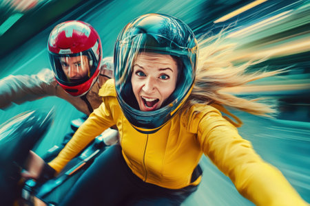 Two friends enjoy a high-speed motorcycle ride, their laughter and excitement evident as they speed through the streets.の写真素材