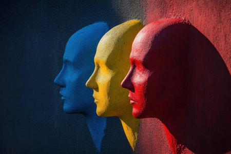 Three artistic heads in blue, yellow, and red are displayed on a textured wall in bright sunlight.の素材