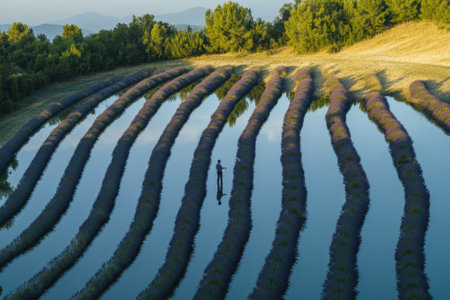 Lavendin rows create a stunning landscape, reflecting twilight hues while a figure strolls in tranquility.の素材