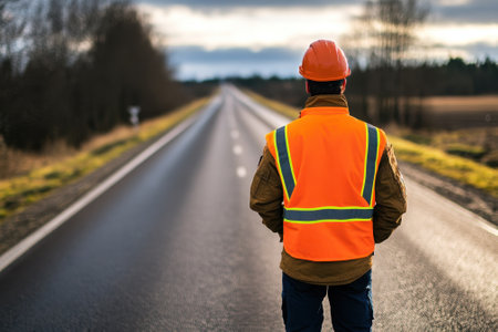 A construction worker observes the long, empty road ahead while dressed in safety gear on a cloudy afternoon.の写真素材