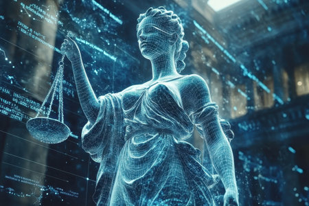 A striking depiction of Lady Justice holding scales, surrounded by a futuristic digital environment.の写真素材