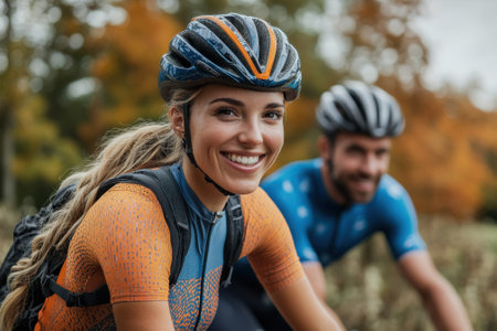 Two happy cyclists ride their bikes together amidst beautiful autumn colors, enjoying the outdoors.の写真素材