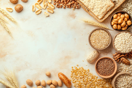 A variety of nuts, grains, and seeds are neatly organized on a light background, showing various textures.の写真素材
