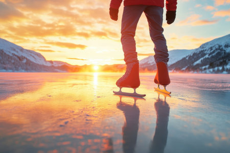 A person in skates glides on ice as the sun sets behind the mountains, creating a stunning winter view.の写真素材