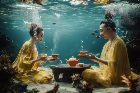 Two women in yellow pour tea at a small table underwater, creating a tranquil atmosphere.の写真素材