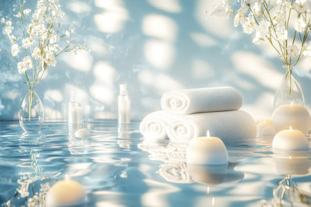 Towels and candles float on the water in a tranquil spa, complemented by fresh flowers in elegant vases.の写真素材