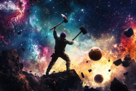 A figure stands boldly in space, swinging hammers amidst a vibrant cosmic scene filled with stars and planets.の写真素材