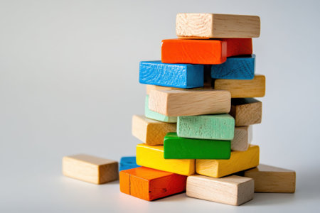 Vibrant wooden blocks are piled in an imaginative arrangement, encouraging play and learning for children.の写真素材