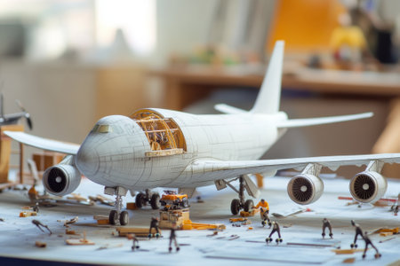 Skilled hobbyists build a large airplane model with intricate parts on a cluttered workbench indoors.の写真素材