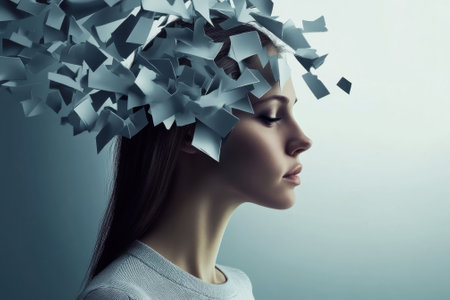 A woman stands in profile with paper fragments swirling above her head, symbolizing creative thoughts.の写真素材