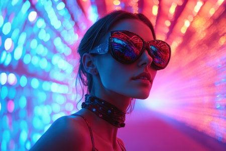 A model showcases oversized sunglasses against a backdrop of colorful lights in an urban night setting.の写真素材