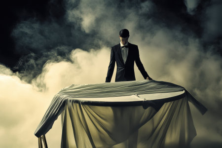 A person in formal attire unveils a concealed object surrounded by swirling smoke, creating intrigue.の写真素材