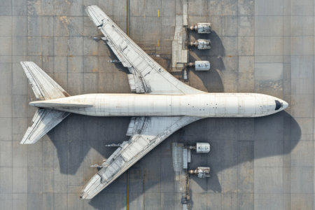 A large aircraft is stationary on the tarmac, surrounded by ground service vehicles under bright daylight.の写真素材