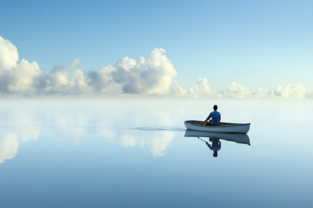 A lone person quietly rows a small boat across the tranquil water, reflecting the soft morning sky.の写真素材