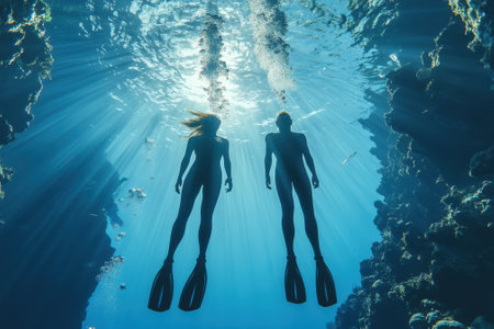 Two divers with fins glide through vibrant underwater scenery filled with light beams and marine life.の写真素材