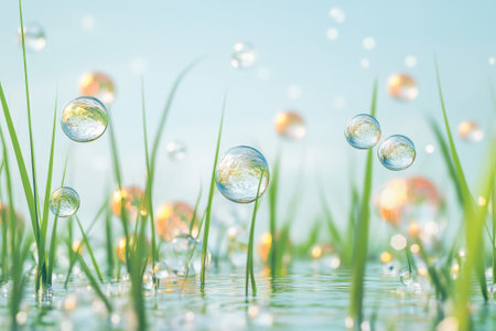 Colorful bubbles hover above lush green grass under a clear blue sky on a sunny day, creating a peaceful atmosphere.の写真素材
