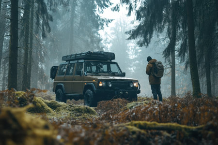 A person stands near an off-road vehicle in a foggy forest, surrounded by dense trees and mossy ground.の写真素材
