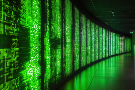 A curved wall of vibrant green digital displays fills a contemporary tech space, creating an immersive atmosphere.の写真素材