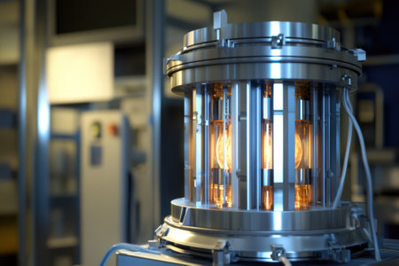 A cutting-edge energy device emits a soft glow in a high-tech laboratory filled with equipment.の写真素材