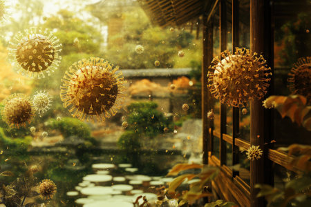 Golden particles drift through a peaceful garden, illuminating the tranquil pond as the sun sets in the background.の写真素材