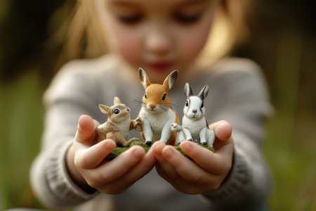A child joyfully presents three small toy rabbits in their hands, set against a natural background.の写真素材