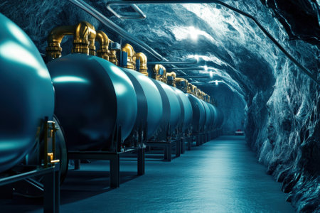 Rows of large metal storage tanks are situated in a dimly lit underground facility, showing advanced infrastructure.の写真素材