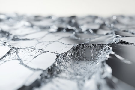 Close-up view of a fractured metallic surface displaying complex patterns and textures under light.の写真素材