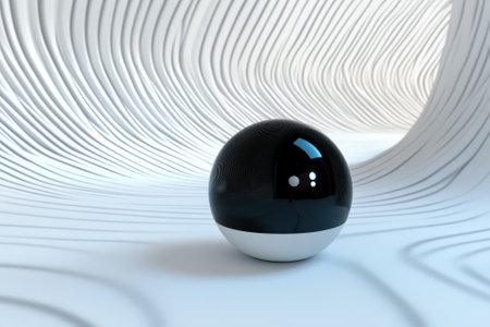 A spherical object with a glossy black and white finish stands alone within a textured, wavy white background.の写真素材