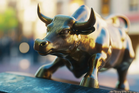 Bronze bull sculpture stands prominently in a lively urban square surrounded by buildings and sunlight.の写真素材