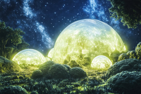Bright, luminous orbs illuminate a lush forest, with glittering stars and a cosmic backdrop enhancing the magic.の写真素材